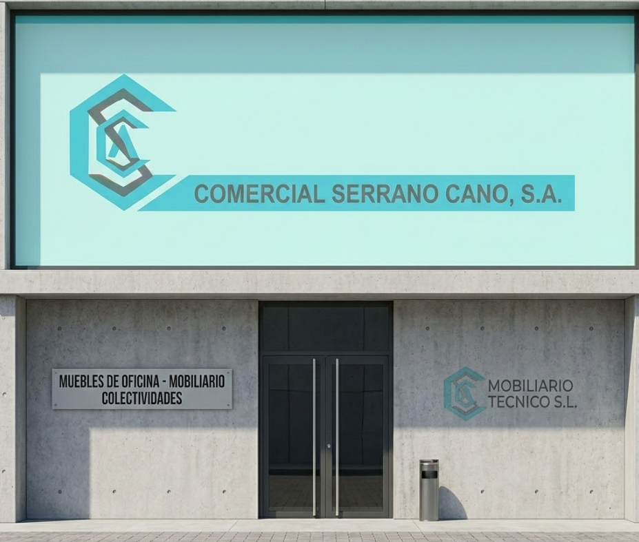 Fachada de la empresa Comercial Serrano Cano S.A. con logo corporativo.