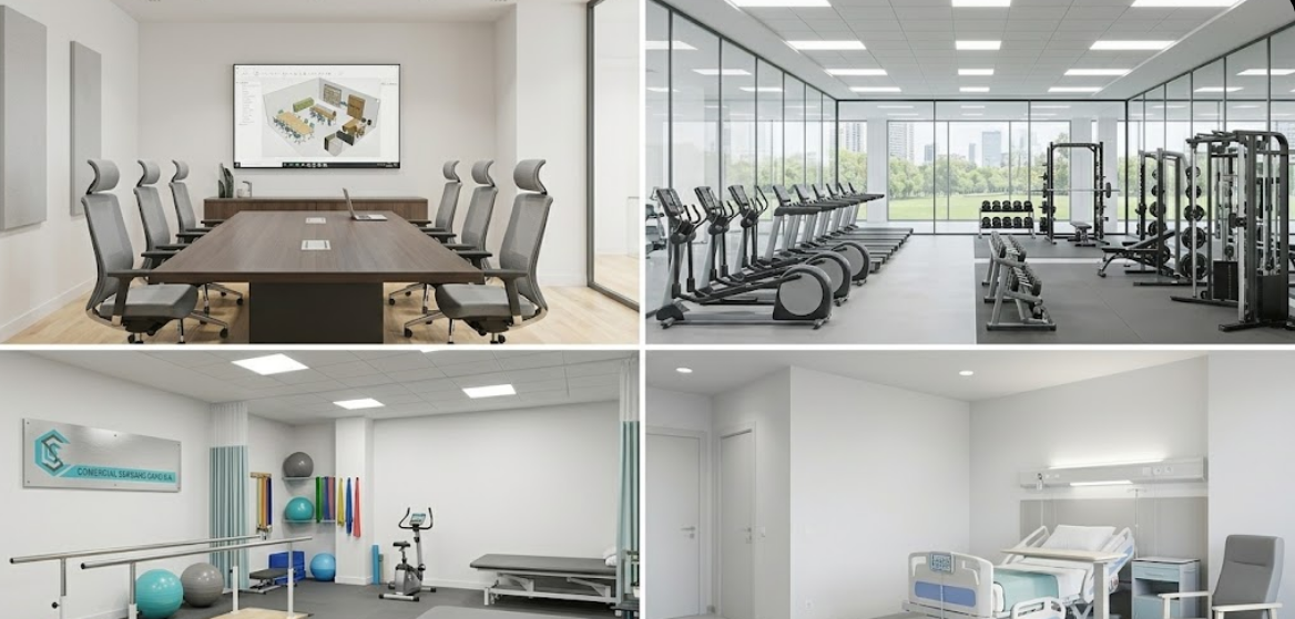 Collage de proyectos realizados por Comercial Serrano Cano S.A. que incluye una sala de juntas, un gimnasio corporativo, una sala de rehabilitación y una habitación hospitalaria.