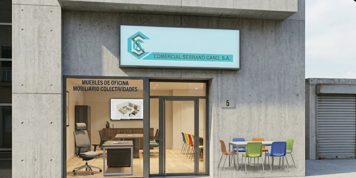Fachada moderna de Comercial Serrano Cano S.A. con escaparate acristalado que muestra muebles de oficina y sillería colectiva de colores.